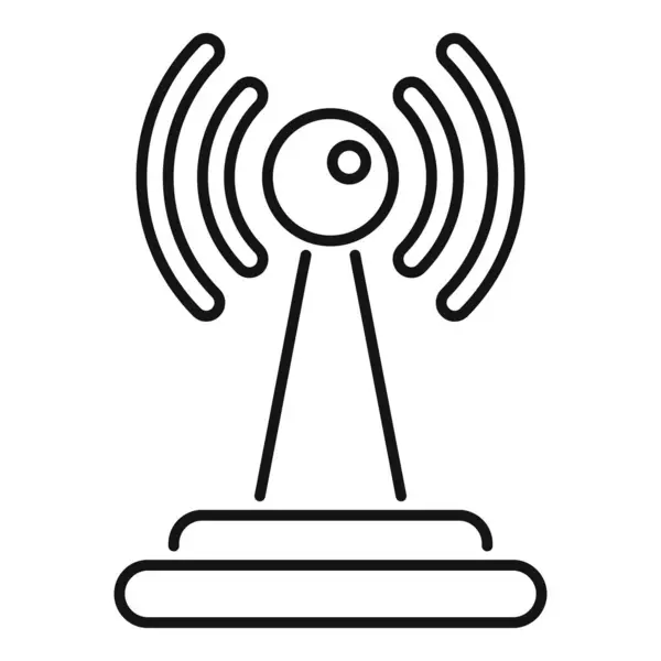 stock vector Line art icon of a wifi router emitting signal waves, standing on a stand with a circular base