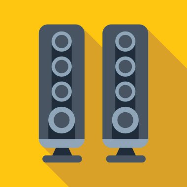 Sarı zemin üzerinde duran iki siyah ses hoparlörü, müzik ekipmanları konsepti