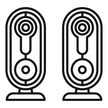 Masanın üzerinde duran iki kablosuz stereo hoparlörün çizgi resim simgesi, çevresel ses sağlıyor