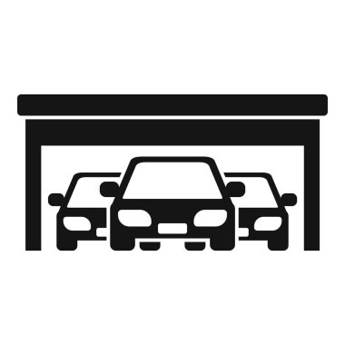 Üç araba bir garaj kapısının altında, siyah beyaz simge silueti