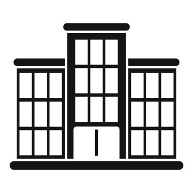 Beyaz arka planda camdan pencereleri olan büyük ve modern bir binanın siyah simgesi