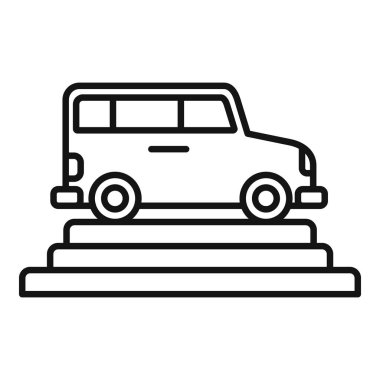 Podyumun üstünde satılık yepyeni bir aracı temsil eden bir minivanın çizgi sanat simgesi