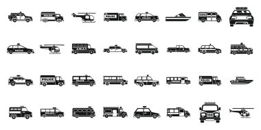 Polis araçları simgeleri ayarlandı. Devriye işlemleri, suç soruşturması ve kamu güvenliğini sağlamak için farklı türde araçlarla polis nakliyesi ayarlandı