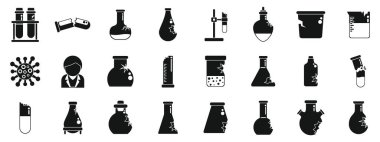 Kırık laboratuvar cam ikonları ayarlandı. Kırık kimyasal matara ve test tüpü simgeleri, laboratuvar camları, ekipmanlar, tehlike, deney, araştırma...