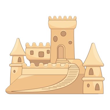 Kumsalda duran kuleleri ve merdivenleri olan kumdan bir kale.