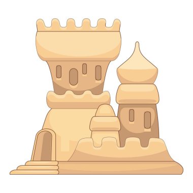 Kumsalda duran büyük kumdan kale, yaz mevsimi, neşeli ve neşeli titreşimler verir.