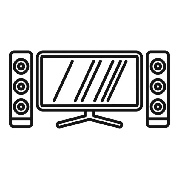 stock vector Minimalist line drawing of a home cinema system with two audio speakers and a large screen