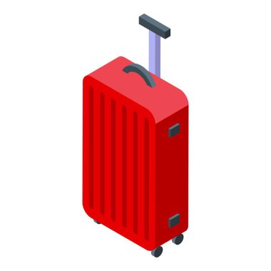 Kırmızı seyahat valizi ayakta, tekerlekleri ve uzatılabilir sapı var.