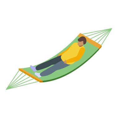 Yeşil bir hamakta dinlenen genç bir adamın tuhaf manzarası.