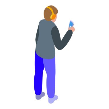 Kulaklık takan genç adam bu izometrik resimde akıllı telefonuyla bir video izliyor.