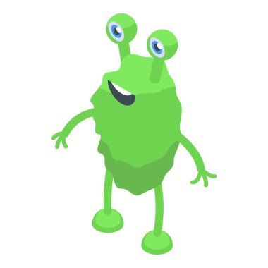 Kocaman gözleri olan mutlu yeşil uzaylı ve dostane bir gülümseme duruyor