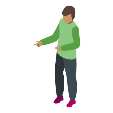 Genç adam ayakta ve parmağıyla işaret ediyor.