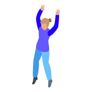 Mutlu genç bir kadının el kaldırarak zıplamasının 3 boyutlu izometrik simgesi.