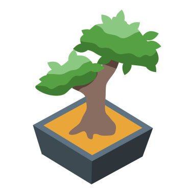 Kare bir tencerede büyüyen küçük bir bonsai ağacının Isometric çizimi