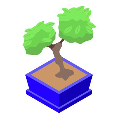 Mavi tencerede yeşil yaprakları olan küçük bonsai ağacı, izometrik manzara.