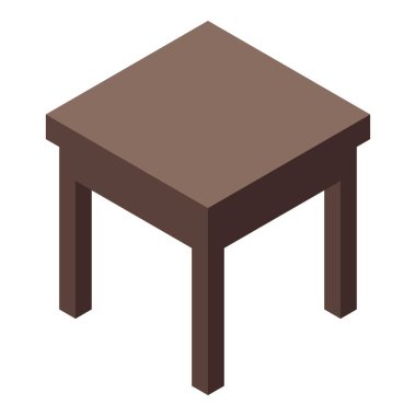 Beyaz arkaplan izometrik simgesinde dört ayaklı basit kahverengi kare tahta masa