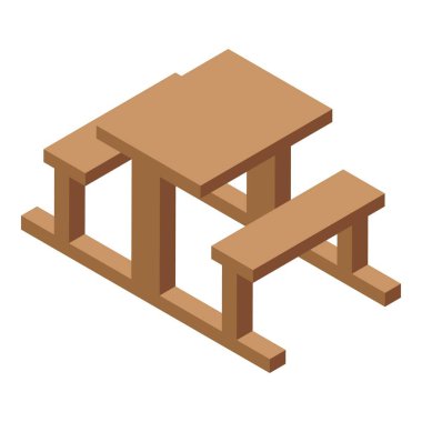 Dört ayaklı ahşap piknik masası, her iki tarafında sıralar, izometrik projeksiyon.