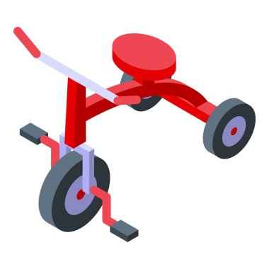 Beyaz zemin üzerinde duran kırmızı pedallı üç tekerlekli bisiklet, izometrik görünüm