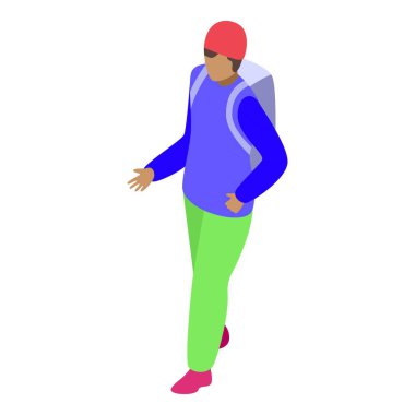 Sırt çantası takan genç bir erkek turist izometrik çizimler yapıyor.