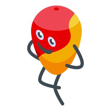 Komik kırmızı ve sarı çizgi film karakteri, elleri arkada, rahat bir şekilde duruyor.