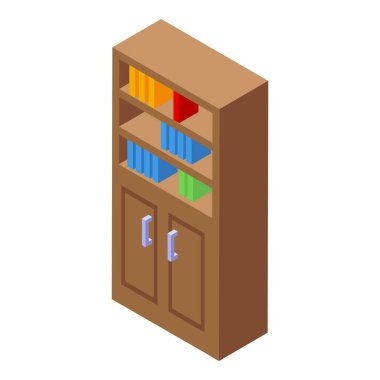 Oda izometrik görünümünde modern ahşap kitaplık, mobilya, ofis veya kütüphane kavramı