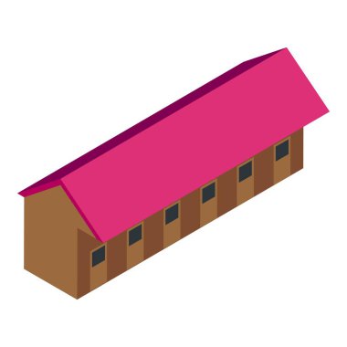 Pembe çatılı, uzun ve durgun bir binanın Isometric çizimi