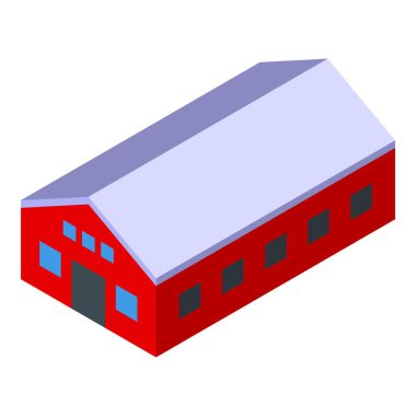 Çiftlikte duran kırmızı ahır binası, izometrik projeksiyondaki tarım depolama binası