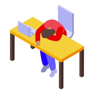 Tired freelancer is taking a nap at his desk after working on his laptop clipart