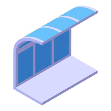 Camdan duvarları ve mavi çatısı olan modern otobüs durağı izometrik görüntüde toplu taşımayı bekliyor.