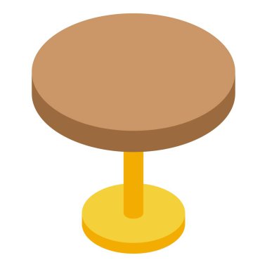 Yuvarlak ahşap masa, beyaz arkaplanda izole edilmiş tek bacaklı izometrik simge üzerinde duruyor