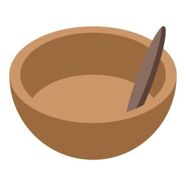 İçi tahta kaşıkla dolu boş ahşap kase, izometrik bir perspektiften gösteriliyor.