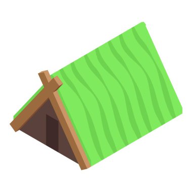 Yeşil çatılı basit bir ahşap kulübenin Isometric çizimi