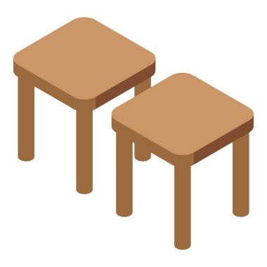 Bu izometrik illüstrasyon, minimalist veya fonksiyonel tasarım kavramları için mükemmel olan iki basit ahşap tabureye sahiptir.