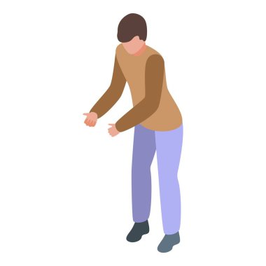 Genç adam elleriyle işaret ediyor, sanki bir şey sunuyormuş gibi.