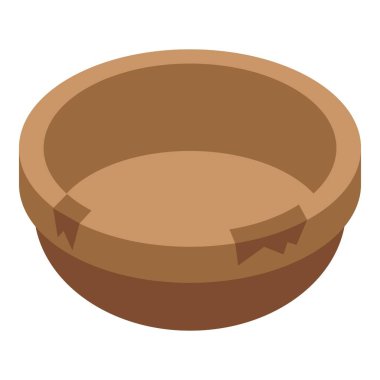 Beyaz arka planda, içinde çatlak olan boş yuvarlak ahşap kase izometrik olarak sunuluyor.