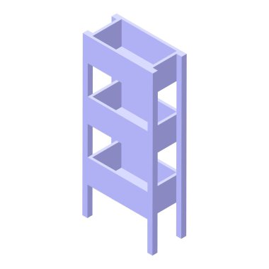 Üç raflı boş ahşap raf ünitesi izometrik bir görünümde duruyor