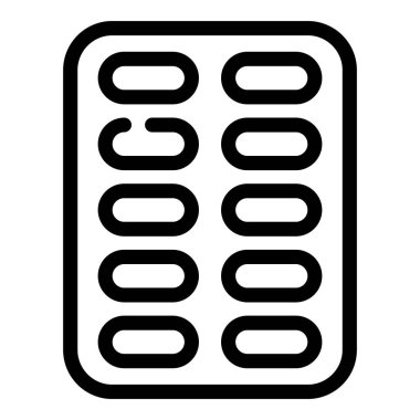 Yuvarlak haplar içeren bir paketin basit çizgi simgesi, ilaç veya tıbbi tedavilerle ilgili projeler için ideal