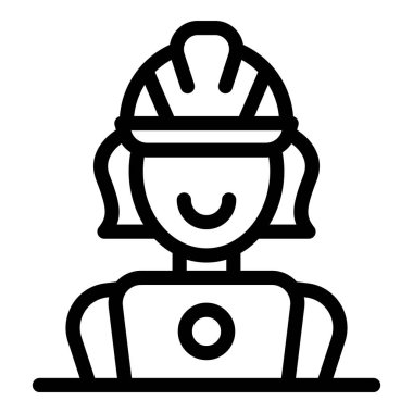 Sert şapka takan mutlu bir kadın inşaat işçisinin çizgili sanat simgesi.