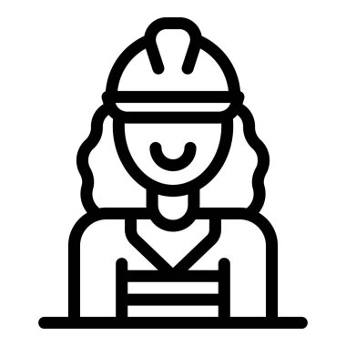 Sert bir şapka takan ve gülümseyen kadın inşaat işçisinin basit bir simgesi.