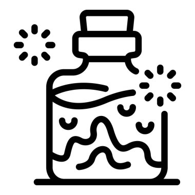 Cam şişedeki sihirli iksirin çizgi sanat ikonu. Mantarlı, köpüklü ve köpüklü.