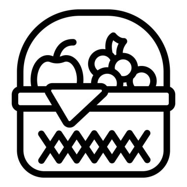 Meyve dolu bir piknik sepetinin çizgi sanat simgesi. Açık hava yemeklerini ve yaz atmosferini temsil etmek için mükemmel.