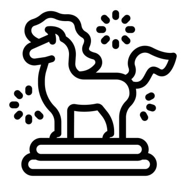 Görkemli tek boynuzlu at heykelinin çizgili sanat simgesi parıltılarla çevrili bir podyumda sergileniyor.