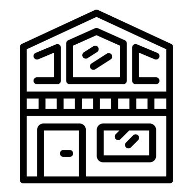 Geniş pencereli ve kapısı olan iki katlı bir binanın basit çizgi resim simgesi