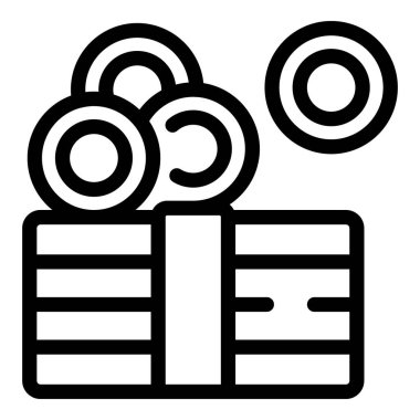 Bir yığın banknotun çizgi sanat vektör simgesi madeni para düştükçe artıyor, finansal bir konsepti gösteriyor