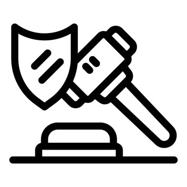 Bir hakimin basit bir simgesi, bir kalkanı yumrukluyor, hukuk sistemini ve adalet arayışını temsil ediyor.