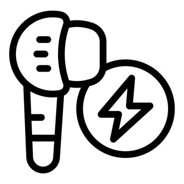 Kablosuz bir kulaklığın çizgi sanat simgesi. Şarj sembolü var. Taşınabilir ses teknolojisi kavramını temsil ediyor.