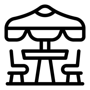 Yuvarlak masalı bir sokak kafesi terasının basit bir simgesi ve şemsiyenin altında iki sandalye sunuyor.