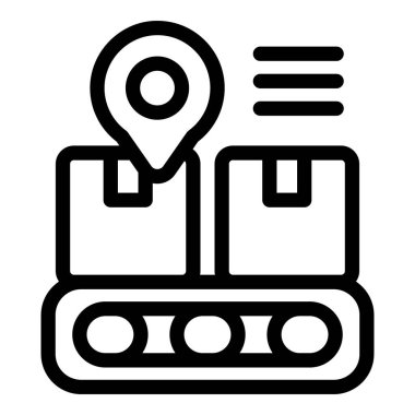 Küresel dağıtım izleme sistemini temsil eden basit bir simge. Taşıyıcı bandı ve konum broşu üzerinde hareket eden kutular var.