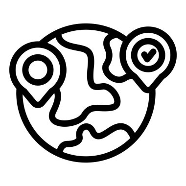 Dünyanın basit simgesi, bir konum şifresi ve işaretli başarılı bir varış gösteriyor