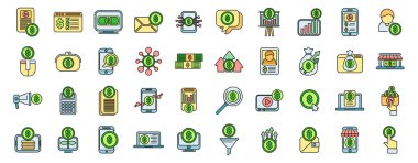 Çevrimiçi para kazanmanın farklı yollarını temsil eden renkli simgeler kümesi, dijital pazarlama, e ticaret ve çevrimiçi iş stratejileri de dahil olmak üzere